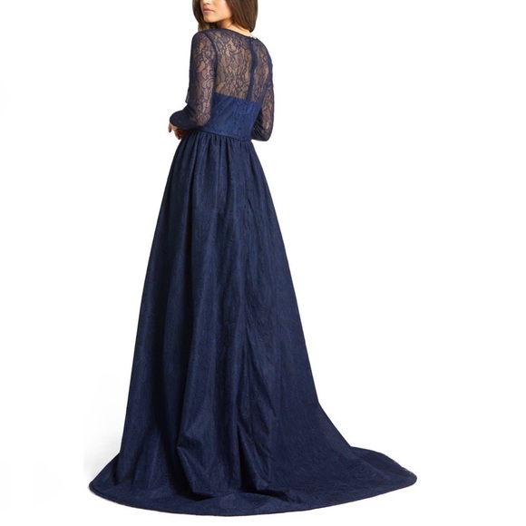 # Mac Duggal Long Sleeve Lace Column Gown With Overskirt - Picture 2 of 16